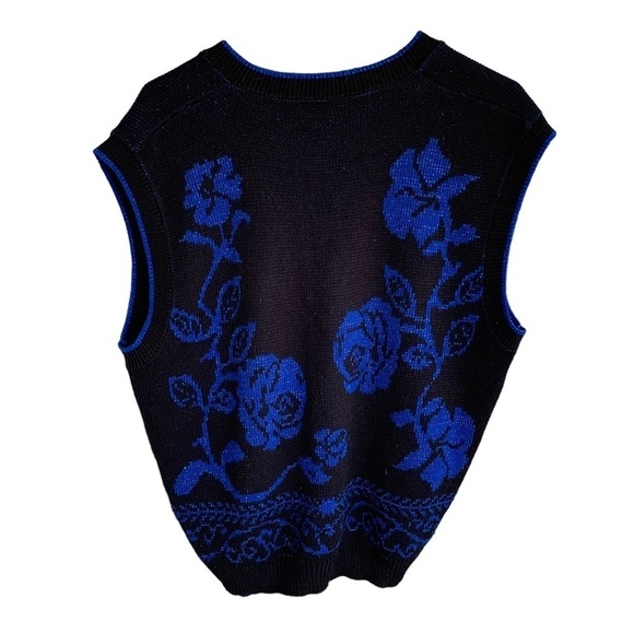 Vintage 90s Sweater Vest Roses Floral Pattern Blue Black Adult Size Medium 1991 - Picture 3 of 4